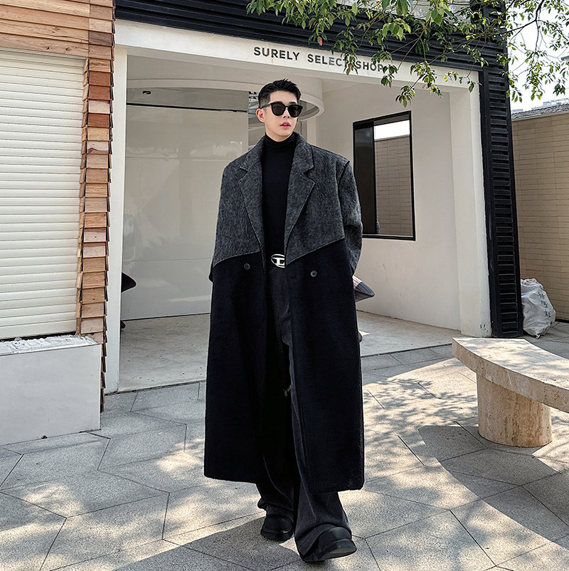 冬装韩版设计师款黑灰拼接气质不规则阔型羊毛呢大衣男高级感外套