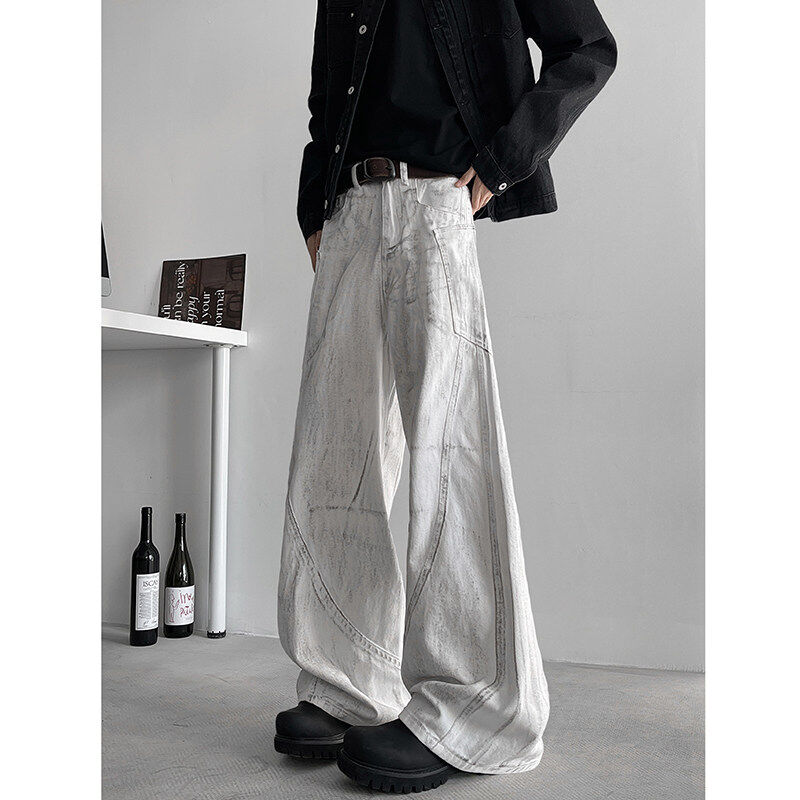 春装美式高街潮牌做旧脏脏牛仔裤男cleanfit宽松阔腿长裤子工装潮