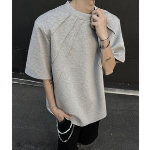 夏季垫肩设计褶子压边休闲T恤男美式高街纯色360g重磅上衣半袖t恤