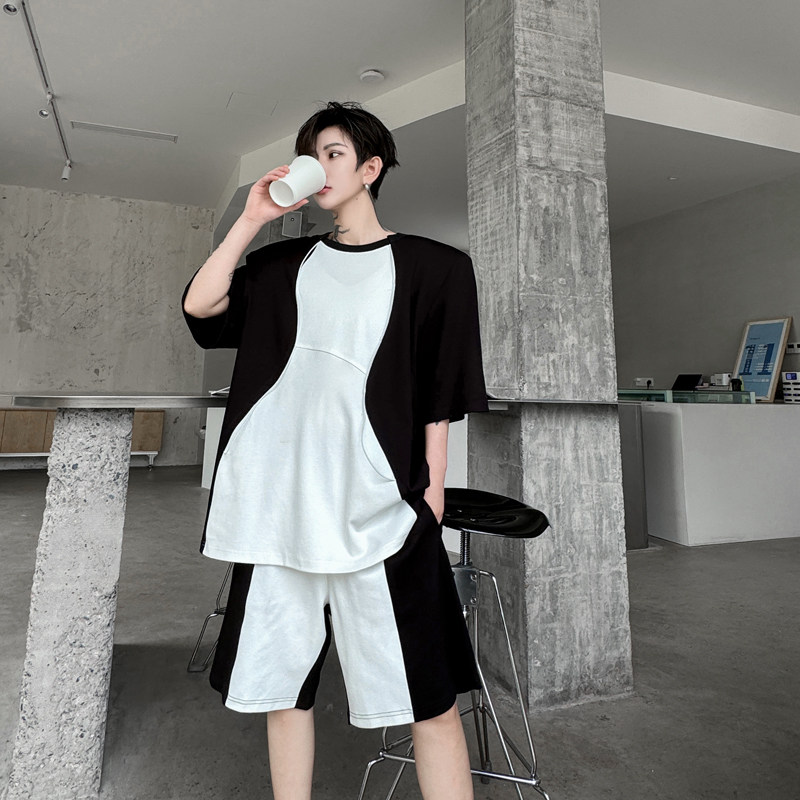 夏季网红高级感黑白拼接短袖T恤运动套装休闲垫肩卫衣短裤两件套