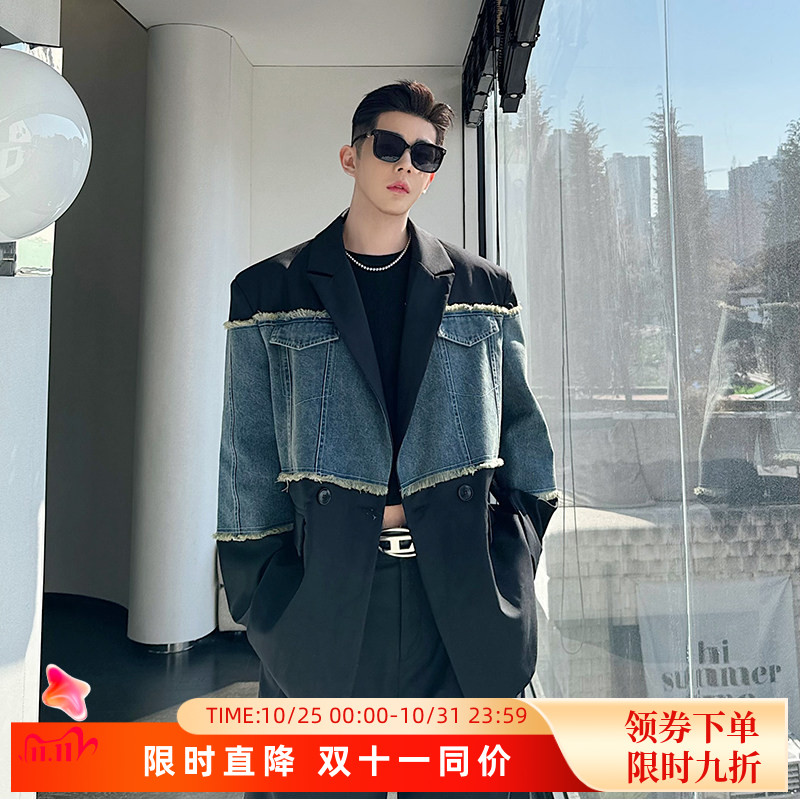 春季韩国小众解构牛仔流苏边拼接廓形西装外套男设计感痞帅高级感