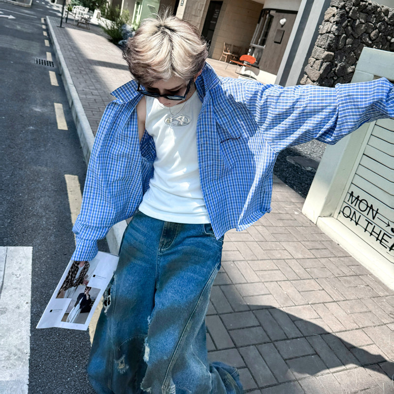 韩系蓝色格子休闲长袖衬衫男网红超短穿搭上衣外套法式气质衬衣潮