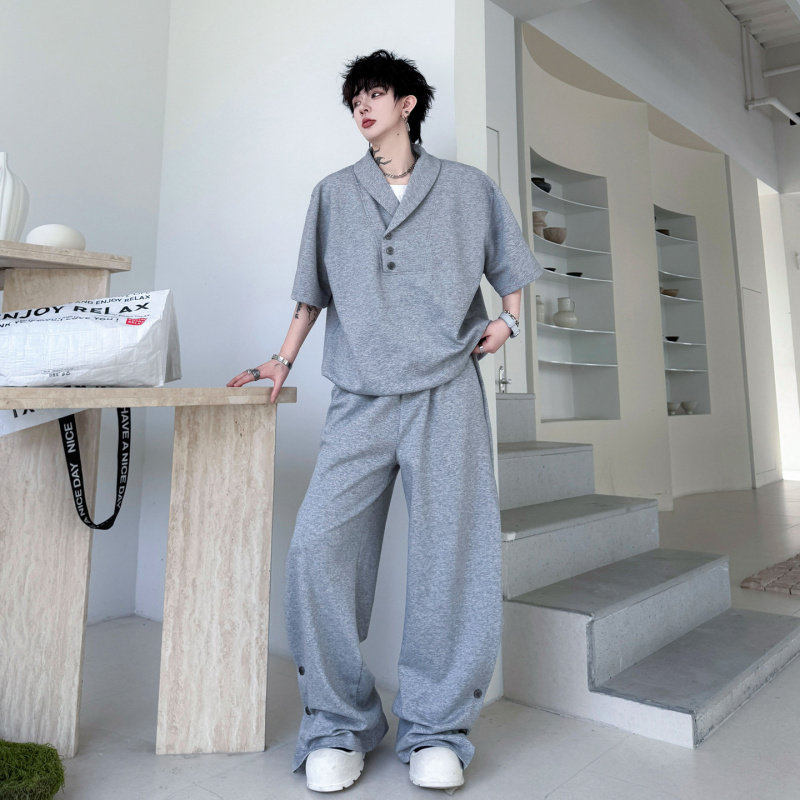 2026夏装纽扣翻领假两件短袖T恤卫衣套装男运动休闲开叉长裤一套