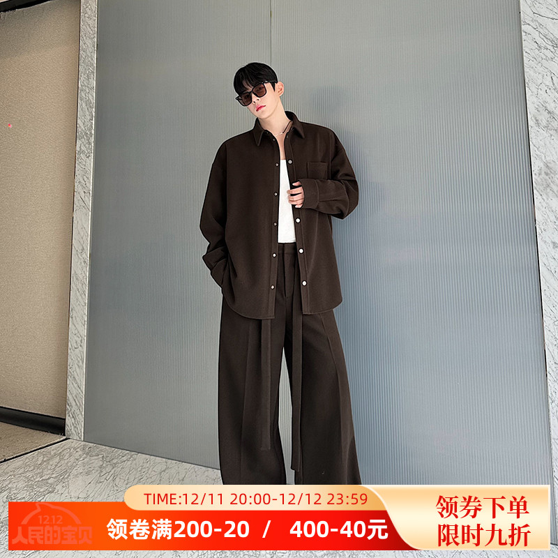秋冬原创设计老钱风百搭休闲咖色呢料衬衣系带阔腿拖地西裤两件套