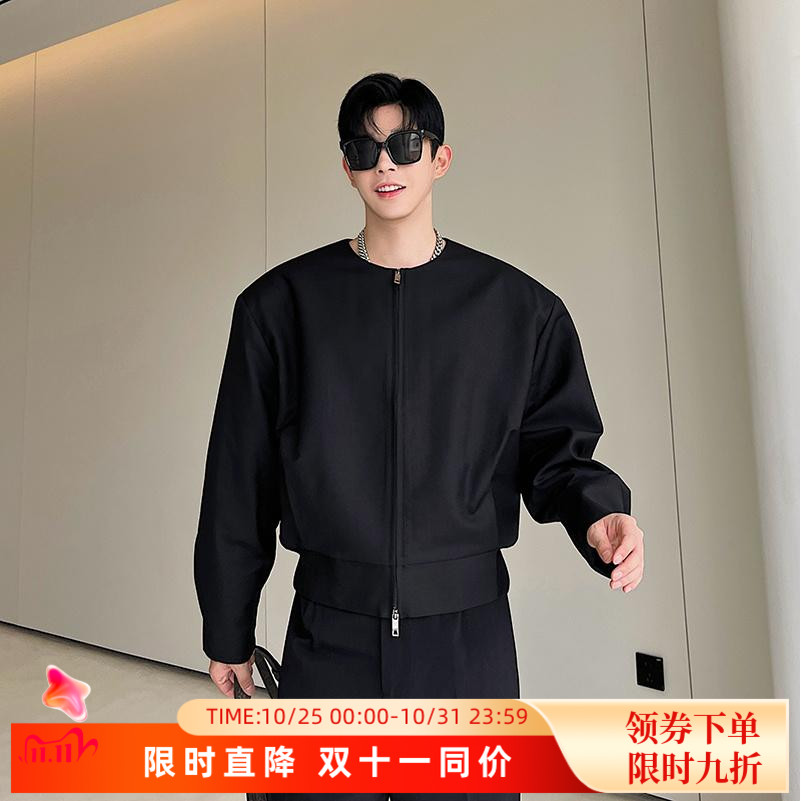 秋季设计感韩版无领双头拉链短款夹克男上衣短款简约痞帅高级外套