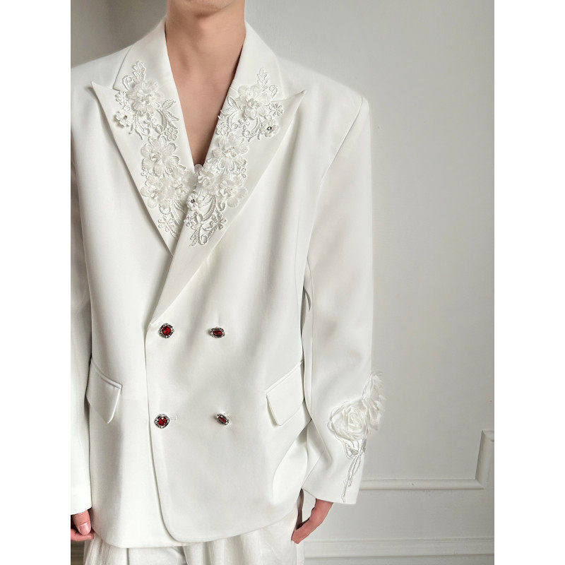 2026SS定制款立体花卉设计感刺绣花礼服宝石纽扣双排扣西装外套男