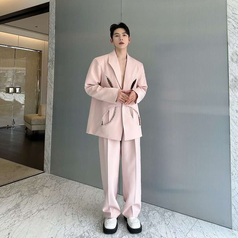 秋装小众网红个性珍珠镶嵌镂空设计西服套装男直筒西裤搭配两件套