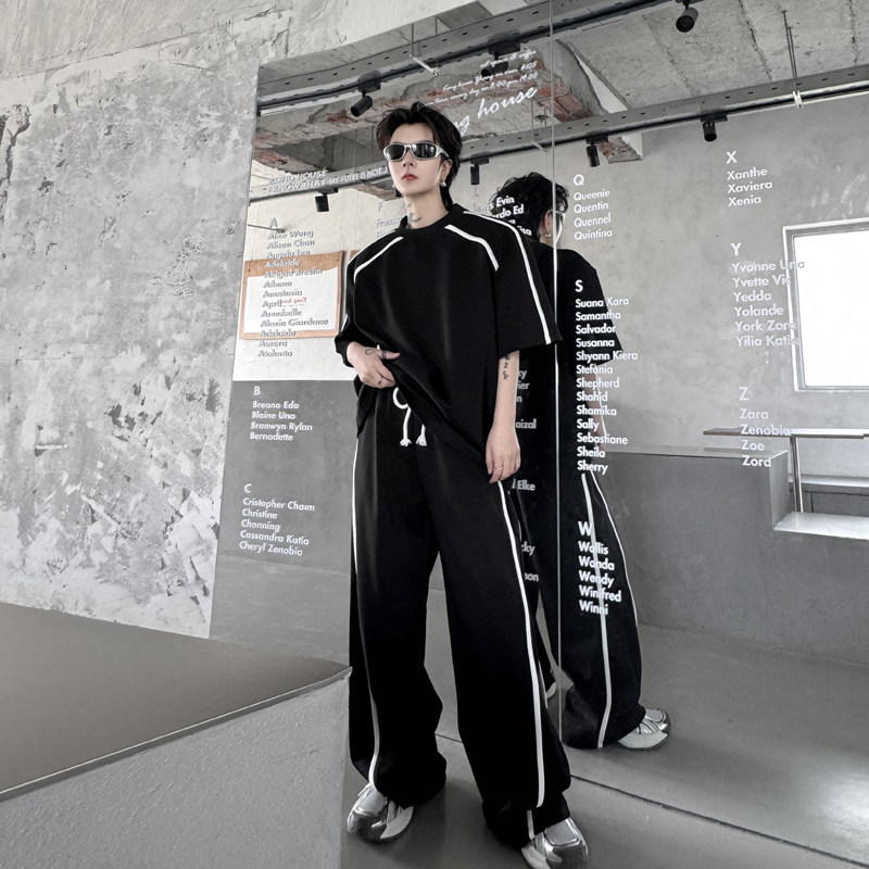 夏装小众异色包边设计感短袖T恤男套装休闲韩版直筒长裤两件套潮,男装,休闲运动套装,淘宝优惠券,粉丝福利购,淘宝优惠卷