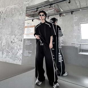 夏装小众异色包边设计感短袖T恤男套装休闲韩版直筒长裤两件套潮