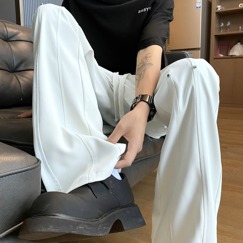 夏季铆钉垂感冰丝微喇西裤男加长休闲裤垂感痞帅网红高级感长裤子