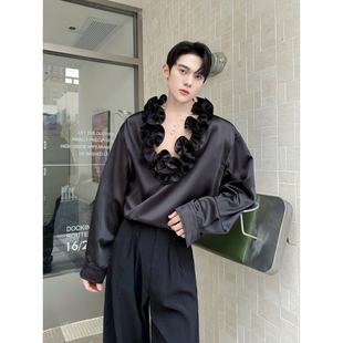 春季设计感法式V领花边领复古宫廷风长袖衬衫男舞台装缎面衬衣潮