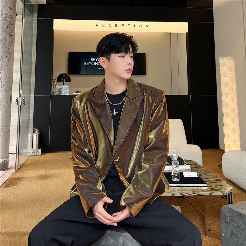 春秋小众高级感炸街偏光亮面金色小西装男短款气质演出服西服外套