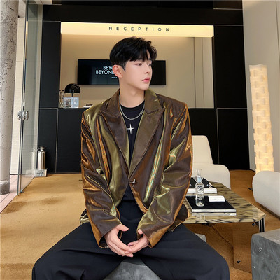 春秋小众高级感炸街偏光亮面金色小西装男短款气质演出服西服外套