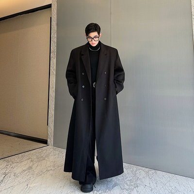 秋冬韩版财阀重磅双排扣廓形高开叉织带拼接西装大衣外套过膝风衣