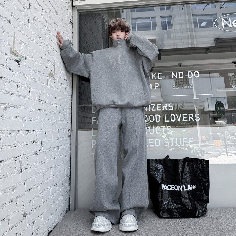 秋重磅立领太空棉卫衣男cleanfit套装宽松韩版休闲运动长裤两件套