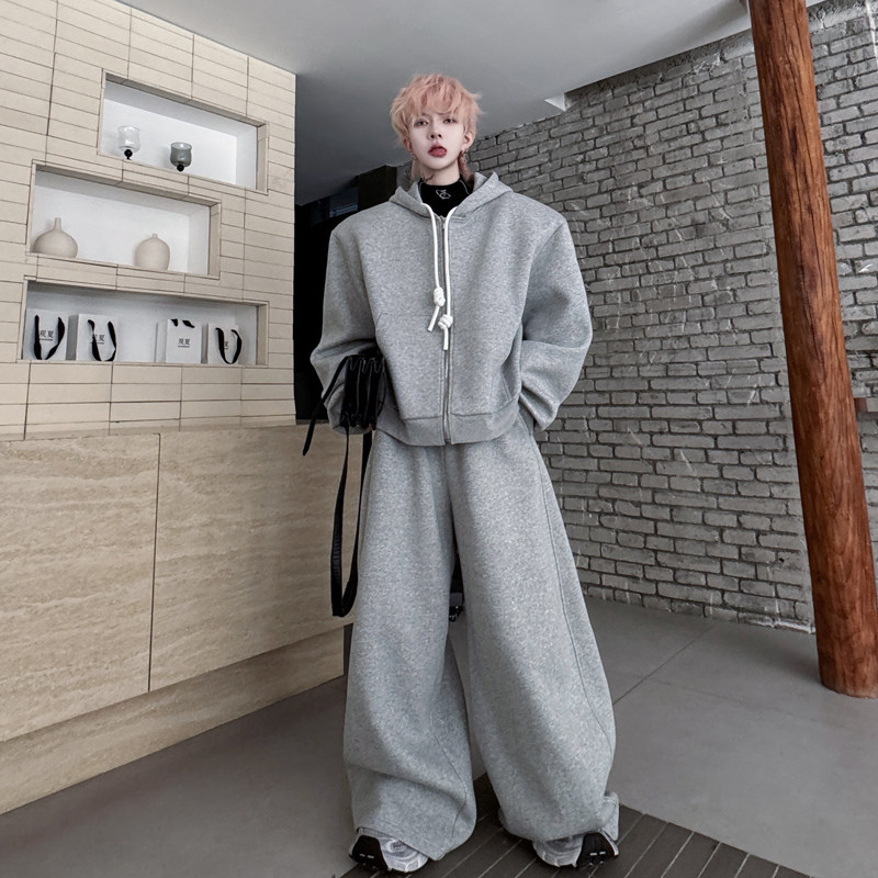 2025春装美式高街运动连帽抽绳装饰卫衣套装男休闲阔腿长裤两件套,男装,休闲运动套装,淘宝优惠券,粉丝福利购,淘宝优惠卷