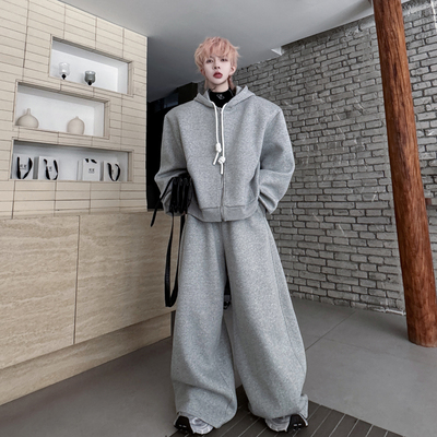 2025春装美式高街运动连帽抽绳装饰卫衣套装男休闲阔腿长裤两件套