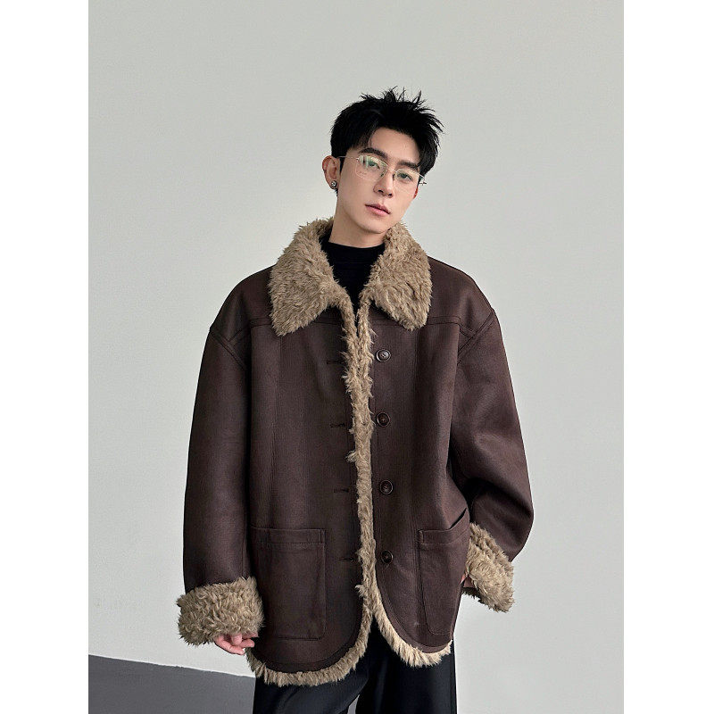 秋冬老钱风美拉德双面毛毛pu皮加厚保暖皮棉衣男双面穿羊羔绒外套