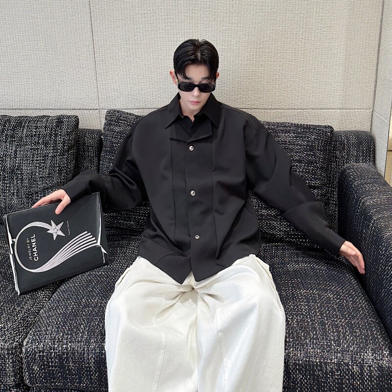 秋季韩版立体裁剪假两件设计感衬衫男长袖高级感痞帅网红男模穿搭