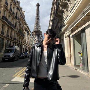 秋装巴黎~潮牌cleanfit黑皮衣外套男短款机车痞帅高级感垫肩夹克