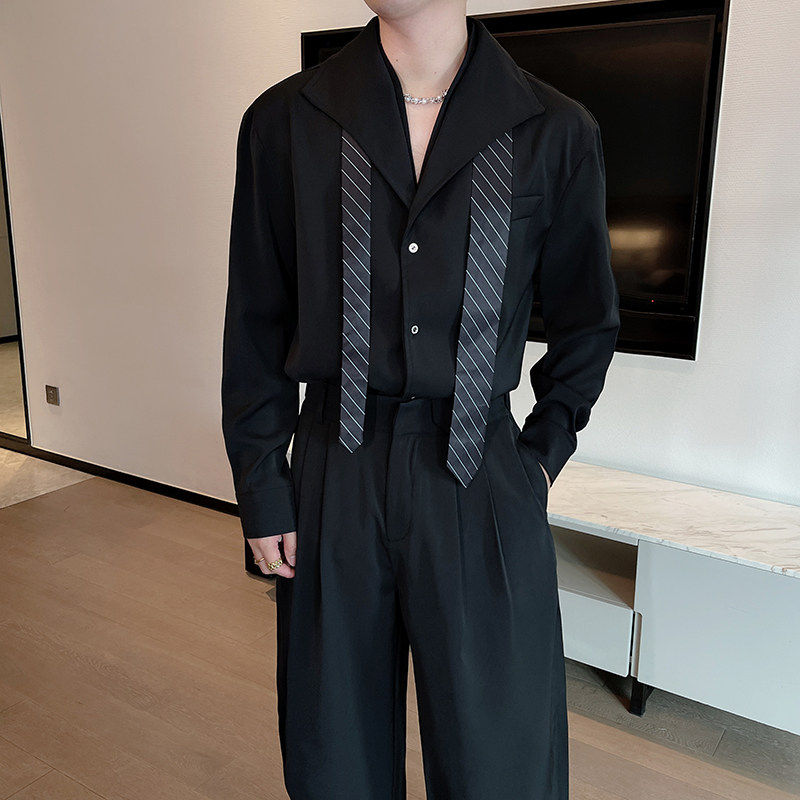 秋季小众假两件双层领子复古高级感衬衣套装男直筒西裤痞帅两件套