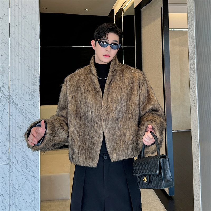 秋冬款高级感痞帅仿貂毛皮草外套男短款皮毛一体大衣复古潮流夹克