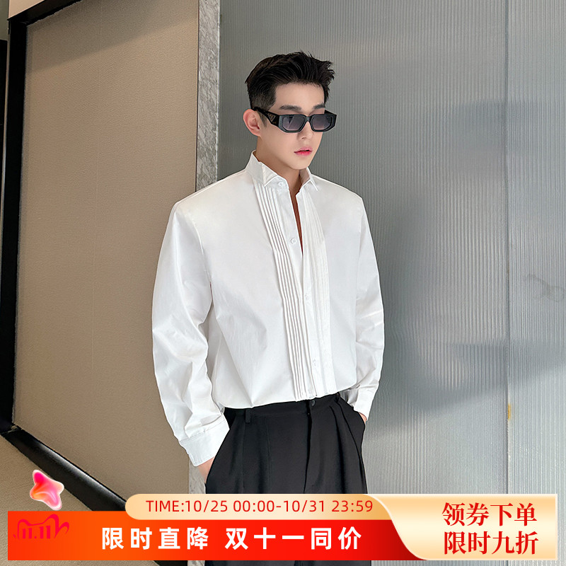 法式礼服翼领打底衬衣男士高级感商务宴会白衬衫韩版皱褶设计上衣