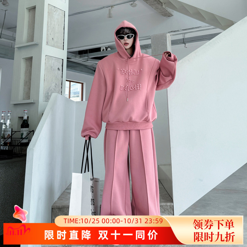 秋装韩国字母珍珠钉珠时尚连帽卫衣男设计感阔腿卫裤慵懒网红套装