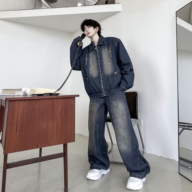 가을 씻어 복고풍 펜던트 장식 데님 재킷 남성 정장 느슨한 미국 잘 생긴 넓은 다리 바지 투피스 세트