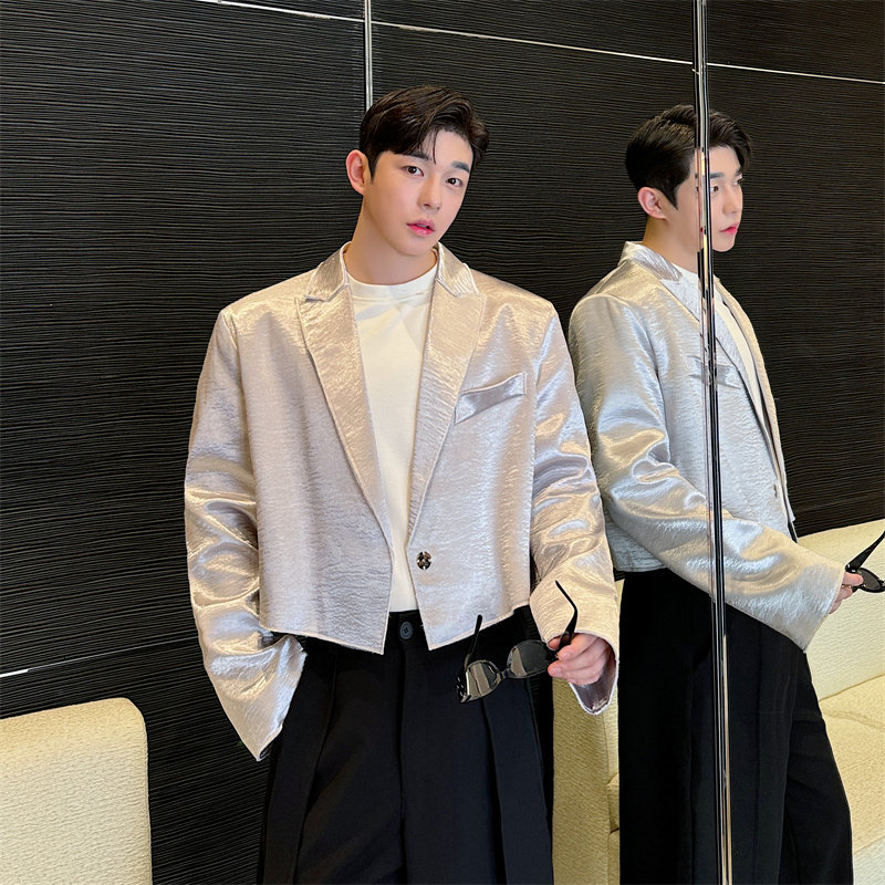 网红高级感定制光泽感轻奢面料短款小西装外套男韩版舞台装歌手潮