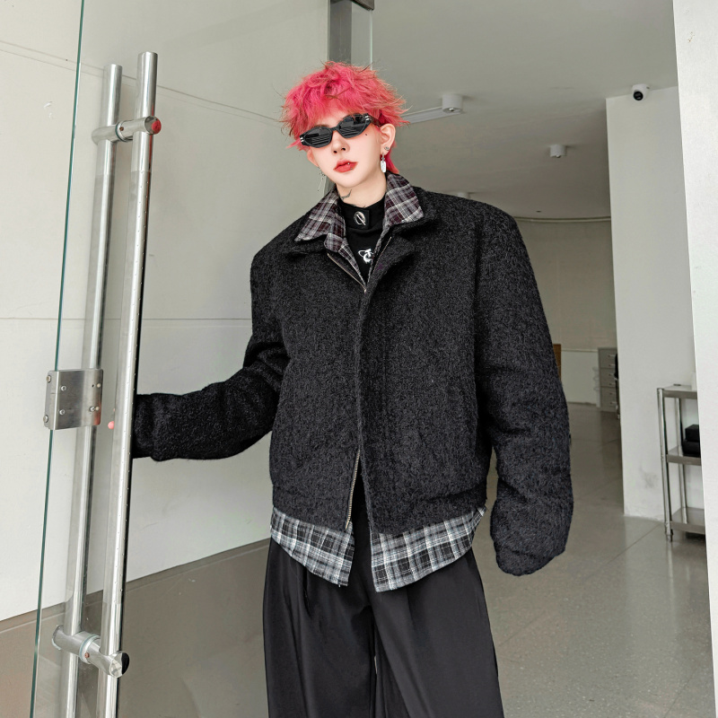 2025冬季老钱风双层门襟格子拼接假两件毛呢夹克加厚棉衣棉服外套