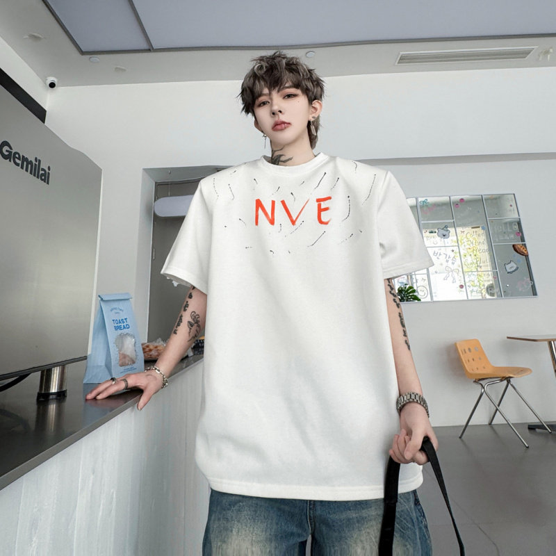 2026夏装韩美穿搭上衣手绘字母涂鸦印花垫肩短袖T恤男休闲半袖t恤