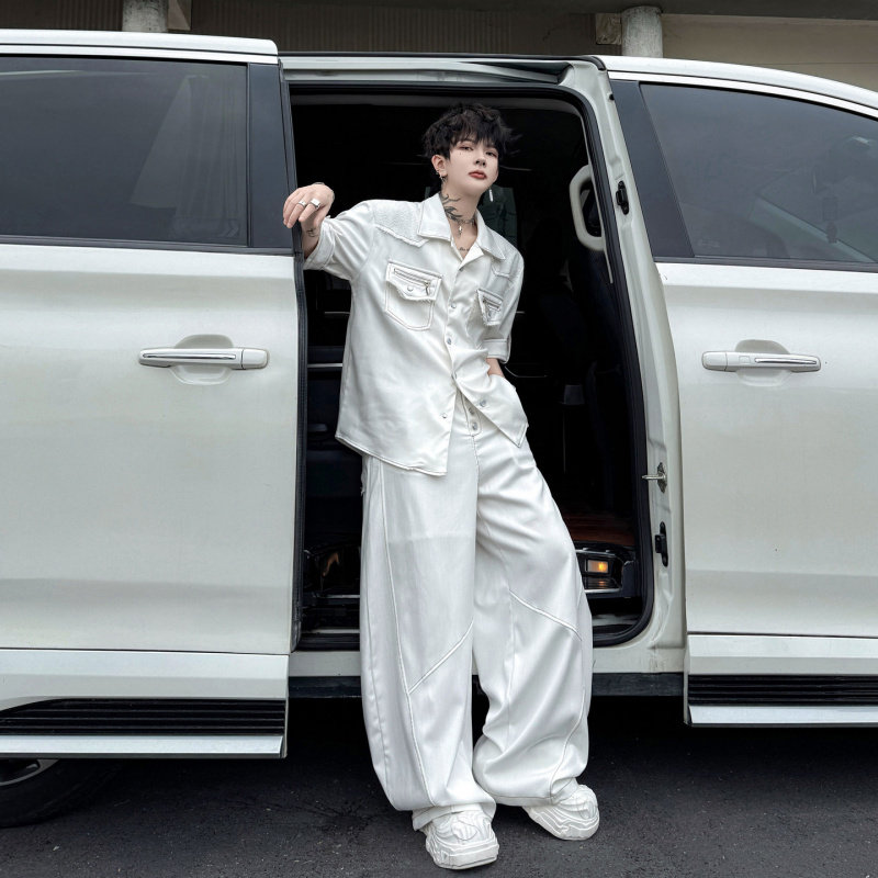 2026夏装美式小众解构拼接小香风短袖衬衫男夹克套装休闲阔腿长裤