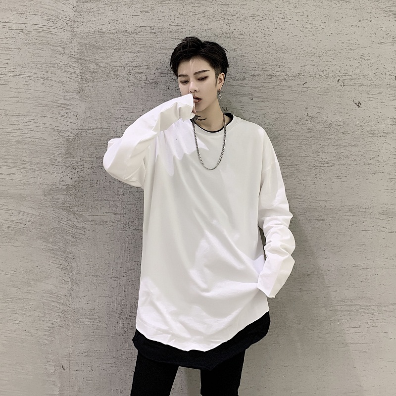 个性假两件长袖T恤男帅气打底衫