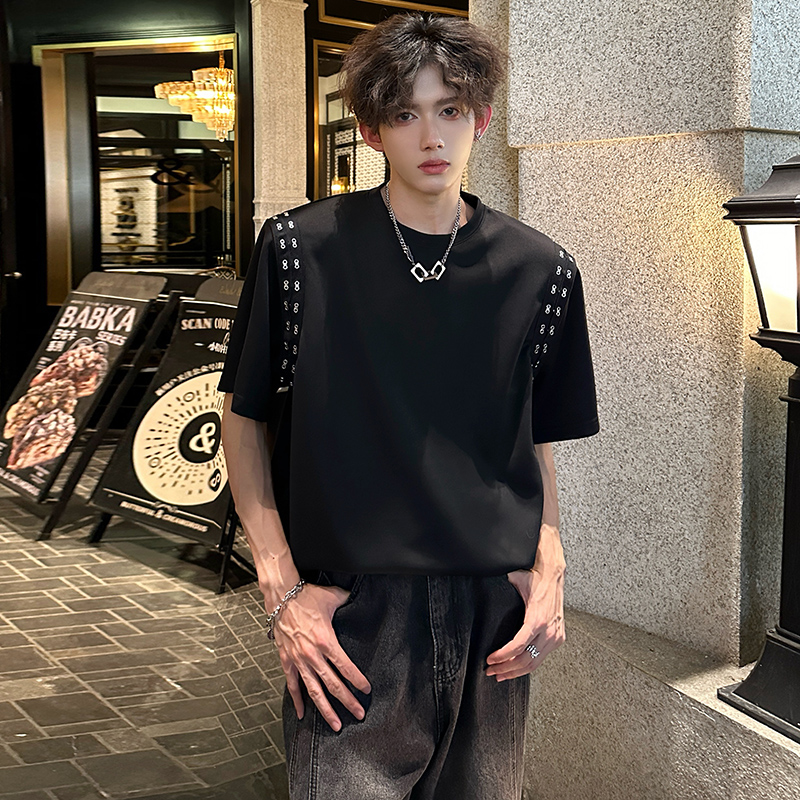 夏季美式高街垫肩痞帅短袖T恤男高级感小众金属装饰重磅半袖上衣