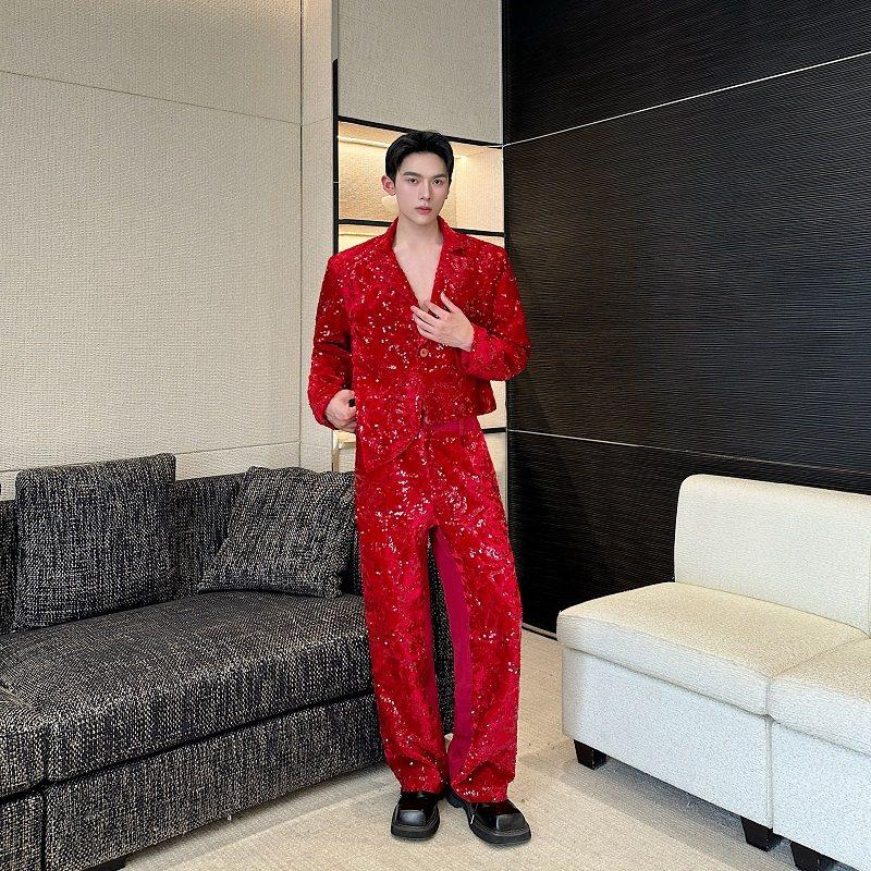 时尚红色高级感亮片西裤男装演出舞台装dj酒吧演出炸街舞蹈直筒裤