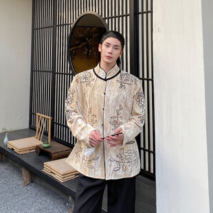 春季中式丝绒压花长袖立领衬衣男女外套复古花卉禅意上衣衬衫国风