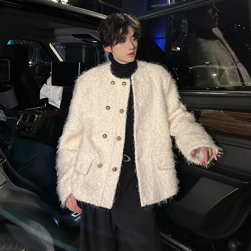 春秋高级感小香风毛呢子双排扣毛毛外套男休闲韩系无领上衣夹克潮