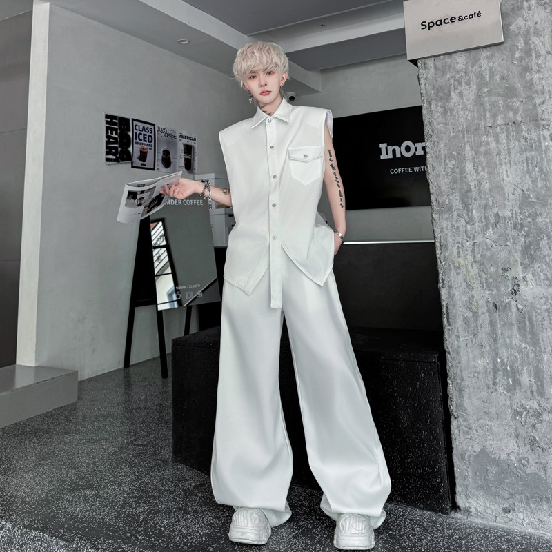 2025夏装韩版收腰垫肩无袖衬衫男马甲套装男模穿搭阔腿长裤两件套