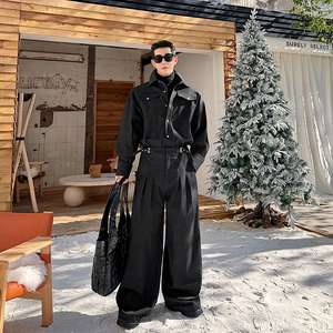 春季设计师款立体解构金属暗扣牛仔衬衣套装男痞帅高级感阔腿长裤