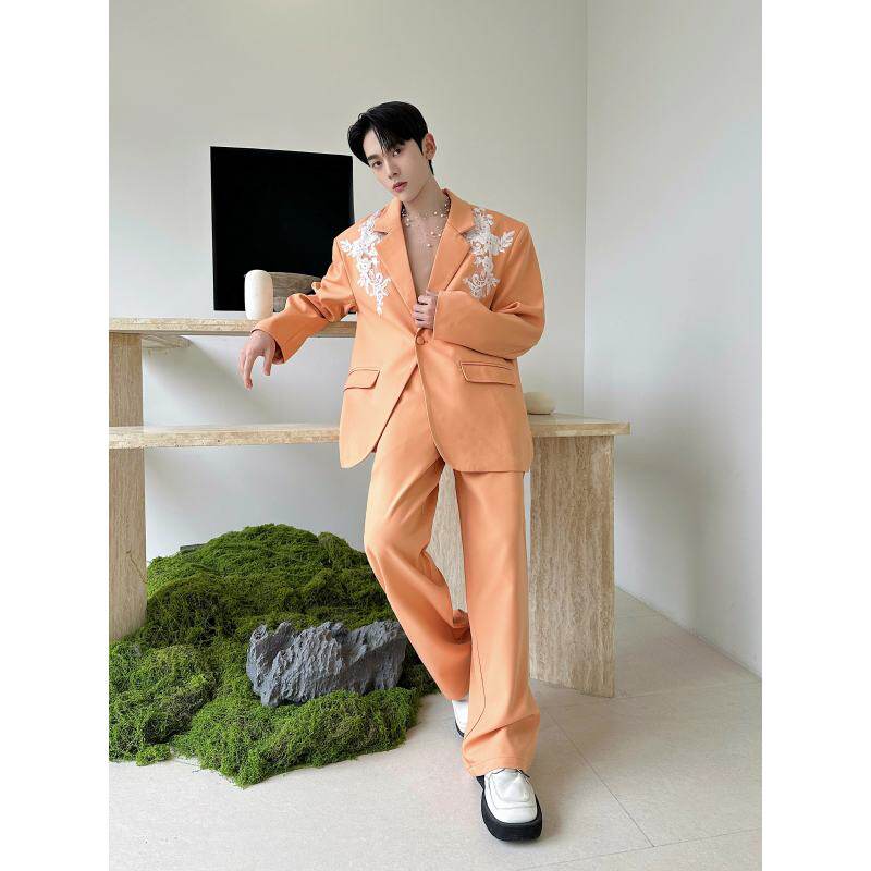 小众设计款时尚蕾丝绣花装饰西装套装男高级感气质演出服西裤一套
