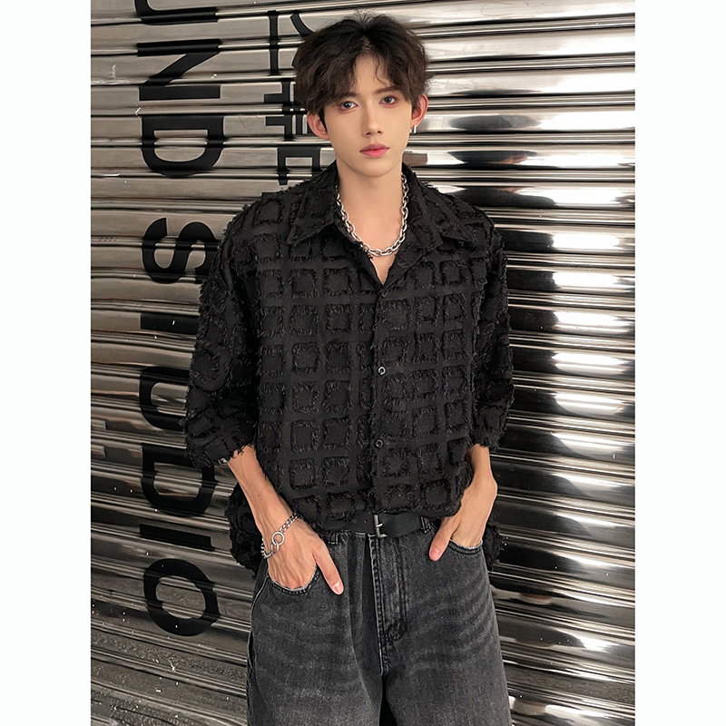 夏季小众肌理感溜须潮牌宽松短袖衬衫男炸街毛边设计夜店雅痞衬衣