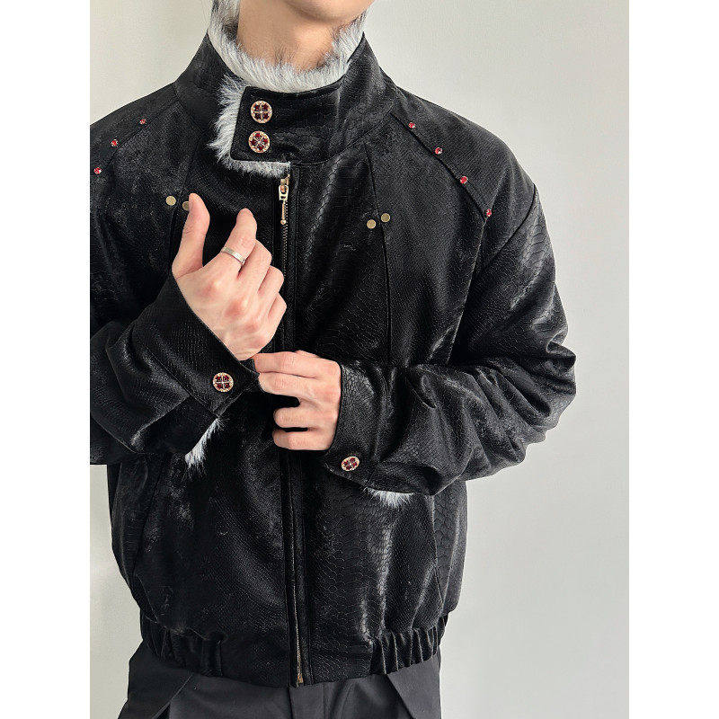 冬季cleanfit美式座山雕加绒加厚立领外套男短款宝石点缀夹克棉衣