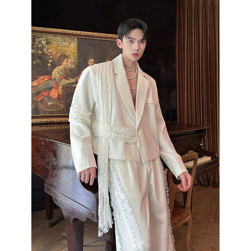 小众设计师款蕾丝飘带拼接短款西装男气质轻奢礼服演出舞台装西服