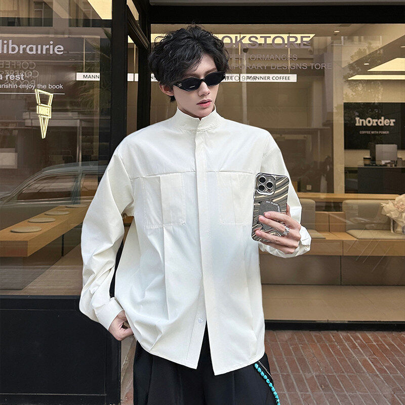 春夏季新中式立领衬衫外套男简约对称口袋设计感韩版休闲衬衣宽松