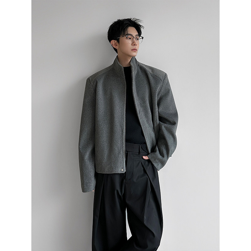老钱风毛呢大衣男士通勤外套行政复古正肩呢子夹克立领简约秋冬季