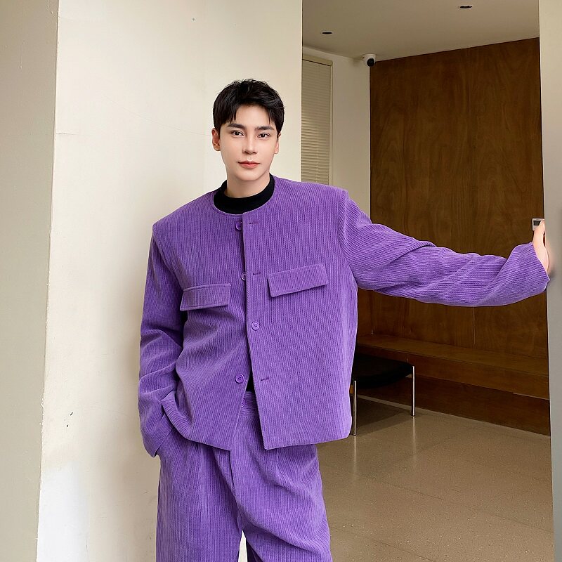 秋冬款时髦简约复古撞色短款西服套装男灯芯绒设计感炸街阔腿长裤