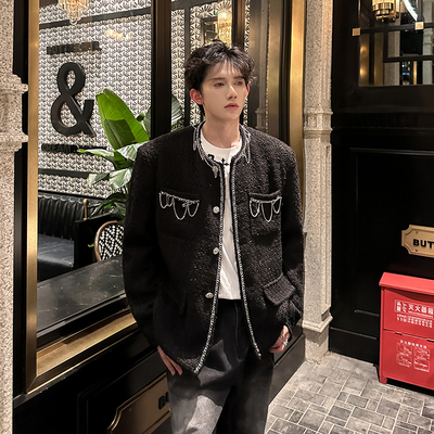 秋冬重工手工编织呢料夹克外套男模穿搭小众金属别针装饰小香风潮