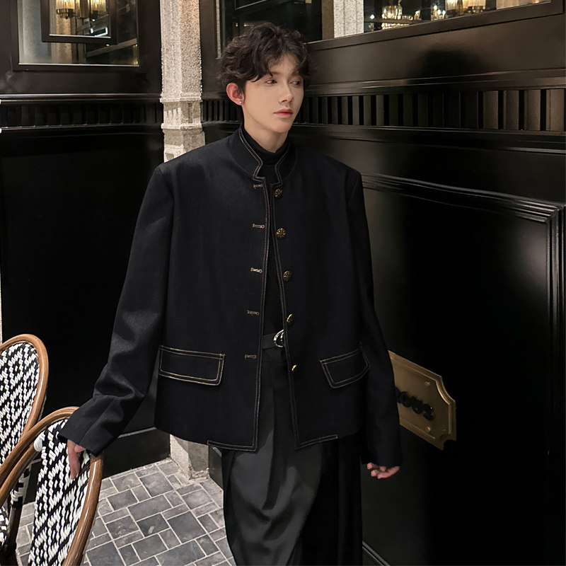 秋季复古老钱风垫肩牛仔夹克男外套廓形正肩立领新中式痞帅西服潮