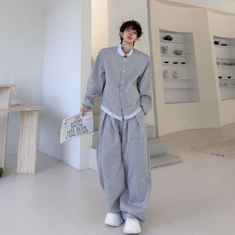 条纹衬衫假两件拼接卫衣套装男设计感韩系穿搭休闲运动阔腿长裤潮